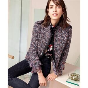 Ann Taylor Fiesta Multicolor Fringe Tweed Blazer Jacket Blk Red Blue Large $159